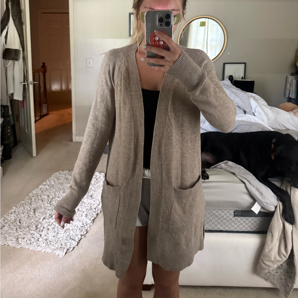 LOFT Taupe Open-Front Long Cardigan Sweater